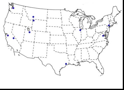 Overzichtsplan locaties USA - trip zomer 2008