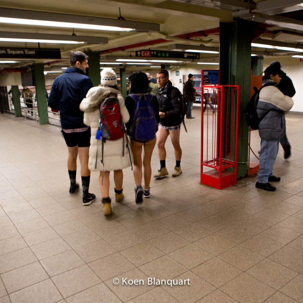 It's an unusual sight to have all these legs out, while it's freezing outside. No Pants Subway Ride.