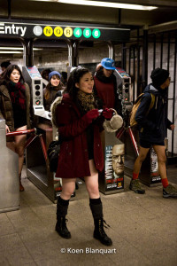 People arrive in the Union Square Subway station at the end of the No Subway Pants ride 2015.