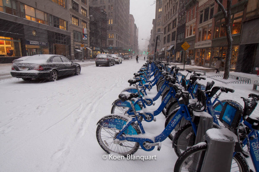 Citibikes waiting for better days on Broadway, Manhattan NY.