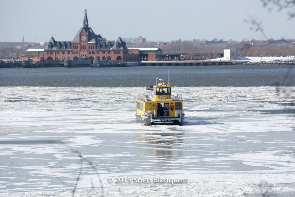 The ferry of Liberty Landing Ferry being stuck in the ice, when it was on its way from Jersey City to the Battery Park Ferry Terminal (Manhattan)